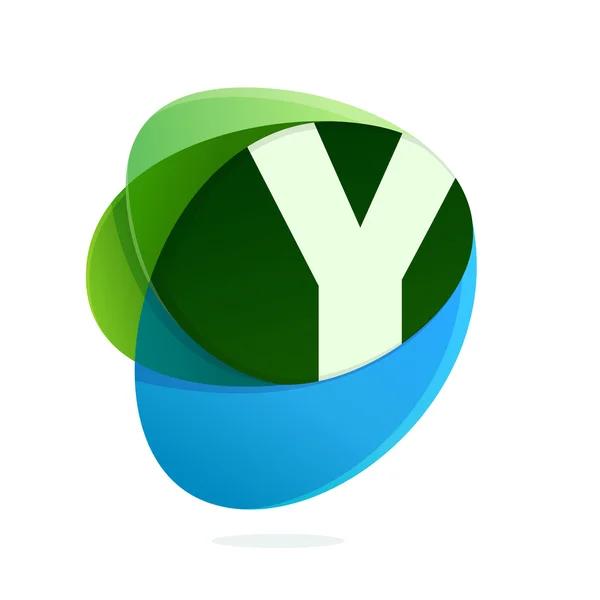 Y letter with green leaves and blue drops. — Stock Vector