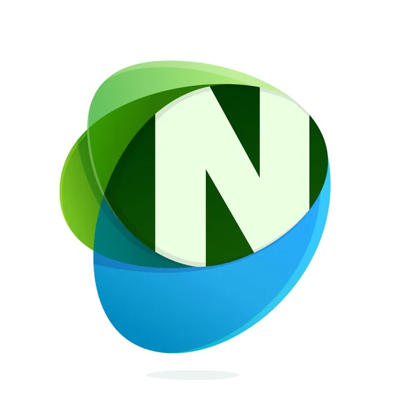 N letter with green leaves and blue drops. — Stock Vector