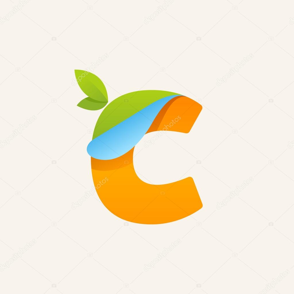 Vector paper style typeface. Ecology letter for card, app icon, corporate identity, label or poster. C paper letter logo with green leaves icon.