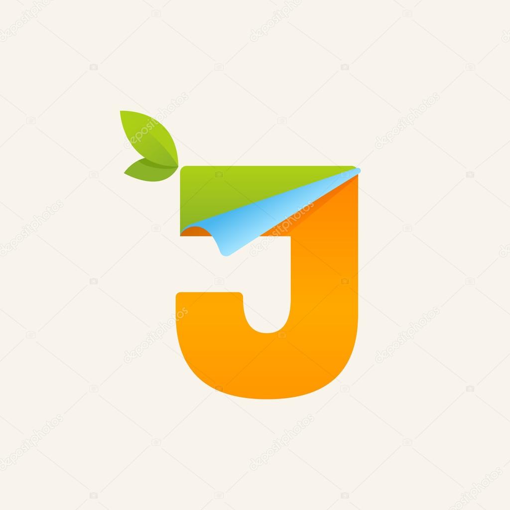 Vector paper style typeface. Ecology letter for card, app icon, corporate identity, label or poster. J paper letter logo with green leaves icon.