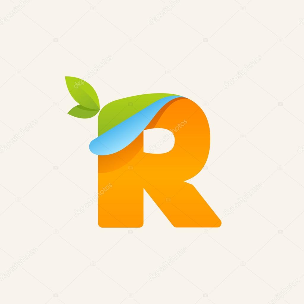 Vector paper style typeface. Ecology letter for card, app icon, corporate identity, label or poster. R paper letter logo with green leaves icon.