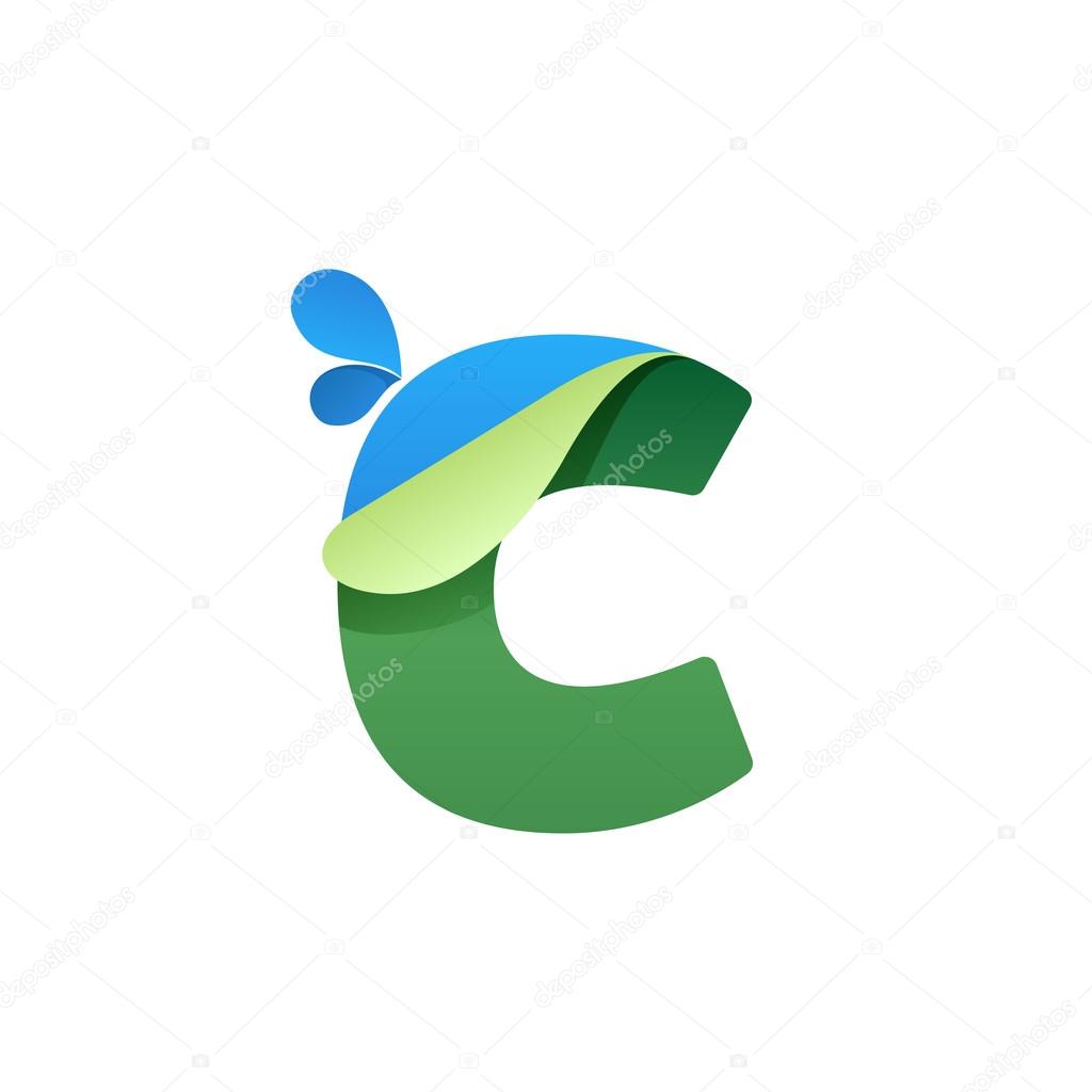 Vector paper style typeface. Ecology letter for card, app icon, corporate identity, label or poster. C letter logo with blue drops and folded corn