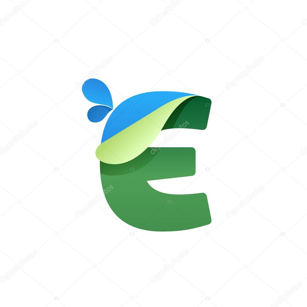 Vector paper style typeface. Ecology letter for card, app icon, corporate identity, label or poster. E letter logo with blue drops and folded corner.