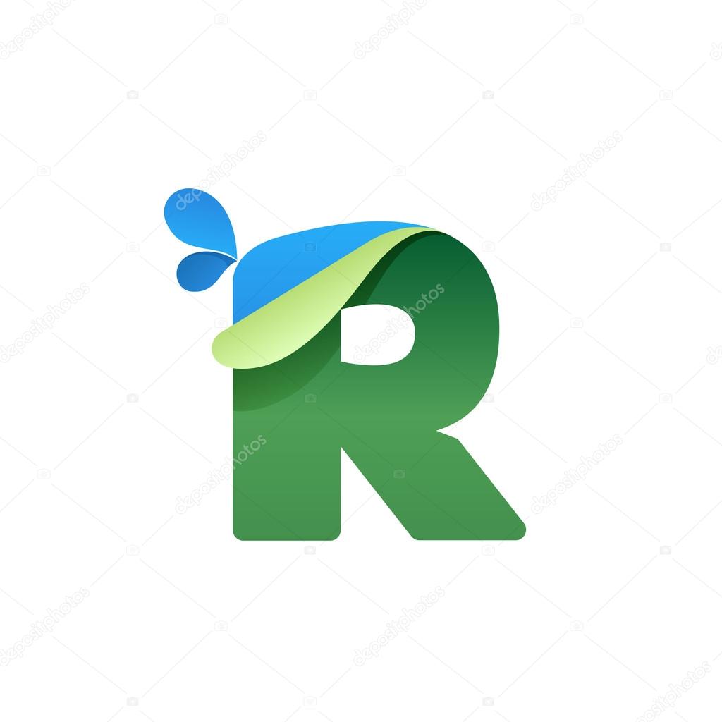 Vector paper style typeface. Ecology letter for card, app icon, corporate identity, label or poster. R letter logo with blue drops and folded corner.