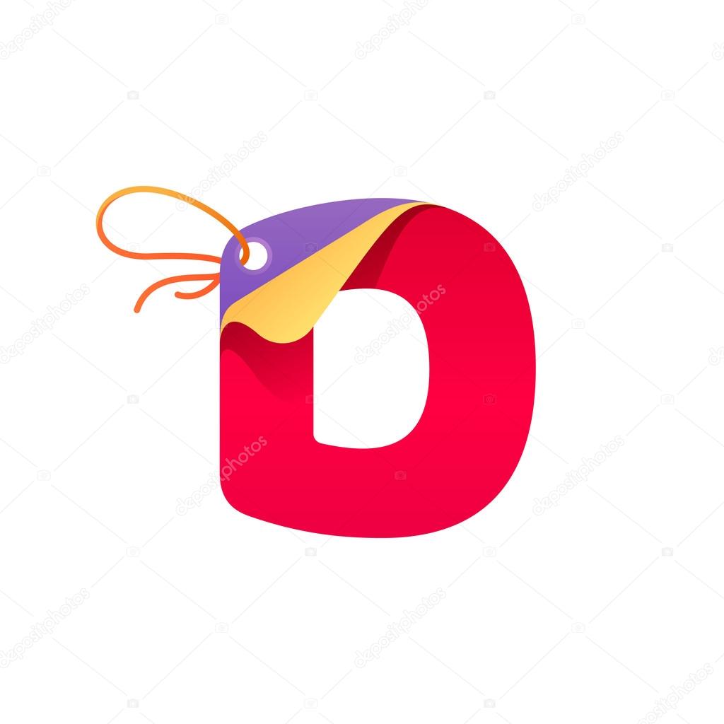 Vector paper style typeface for best price tag. Sale sticker icon for card, special offer tag, corporate identity, label or poster. D letter with paper folded corner and sale tag.