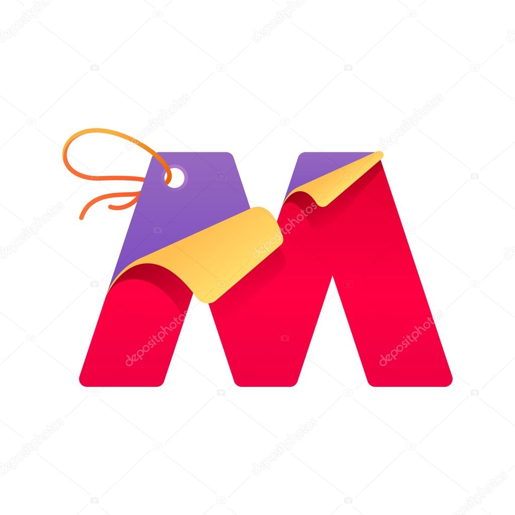 Vector paper style typeface for best price tag. Sale sticker icon for card, special offer tag, corporate identity, label or poster. M letter with paper folder corner and sale tag.