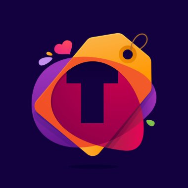 T harfi logolu Satılık etiketi kalp ve sıçraması.