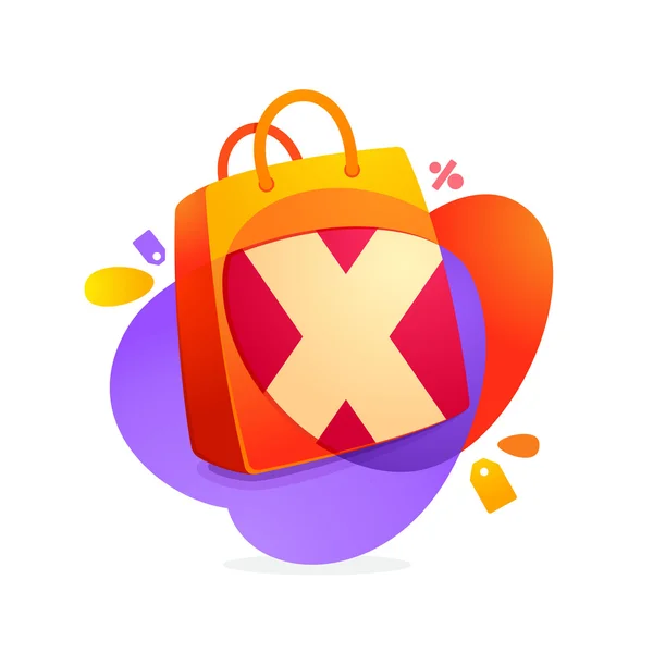 X letter with shopping bag icon and Sale tag. — Stock Vector