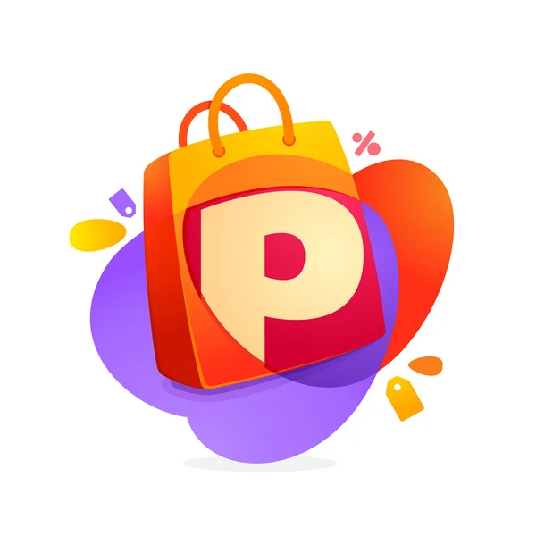 P betű bevásárló táska ikonra, és a tag eladó. — Stock Vector