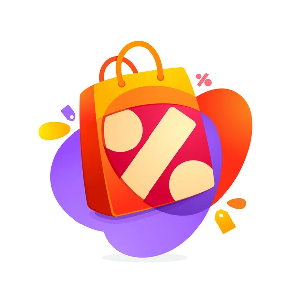 Percent symbol with shopping bag icon and Sale tag. — Stock Vector