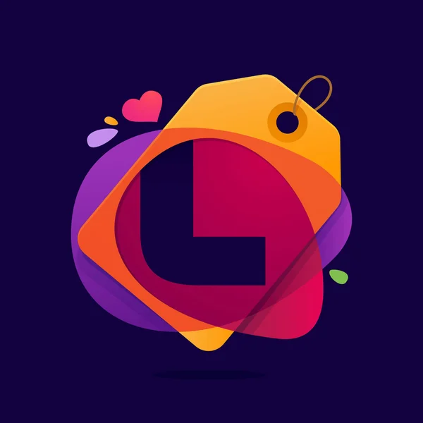 Λογότυπο γράμμα L με πώληση ετικέτα καρδιά και πιτσιλιές. — Διανυσματικό Αρχείο