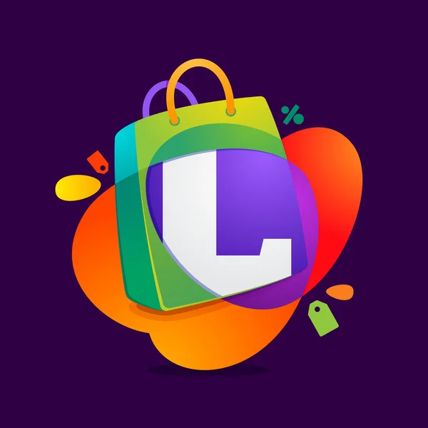 L letter with shopping bag icon and Sale tag. — Stock Vector