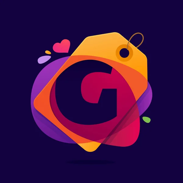 Logotipo de letra G con la etiqueta Sale corazón y salpicaduras . — Vector de stock