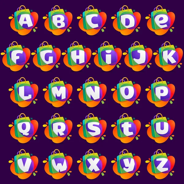 Alphabet mit Einkaufstaschensymbol und Verkaufsmarke. — Stockvektor