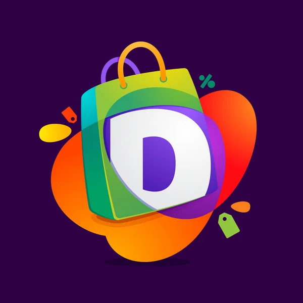 D carta con icono de la bolsa de compras y etiqueta de venta . — Vector de stock