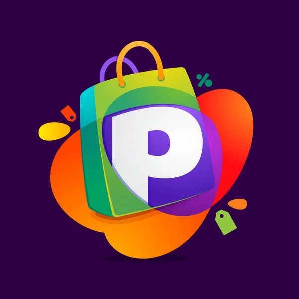 P letter with shopping bag icon and Sale tag. — Stock Vector