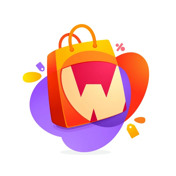 W letter with shopping bag icon and Sale tag. — Stock Vector