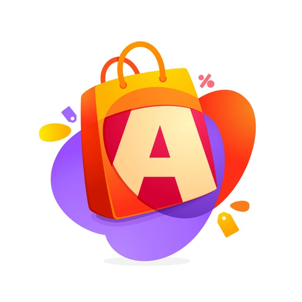 Letter A with shopping bag icon and Sale tag. — Stock Vector