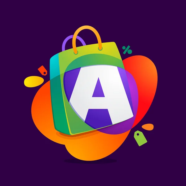 Letter A with shopping bag icon and Sale tag. — Stock Vector