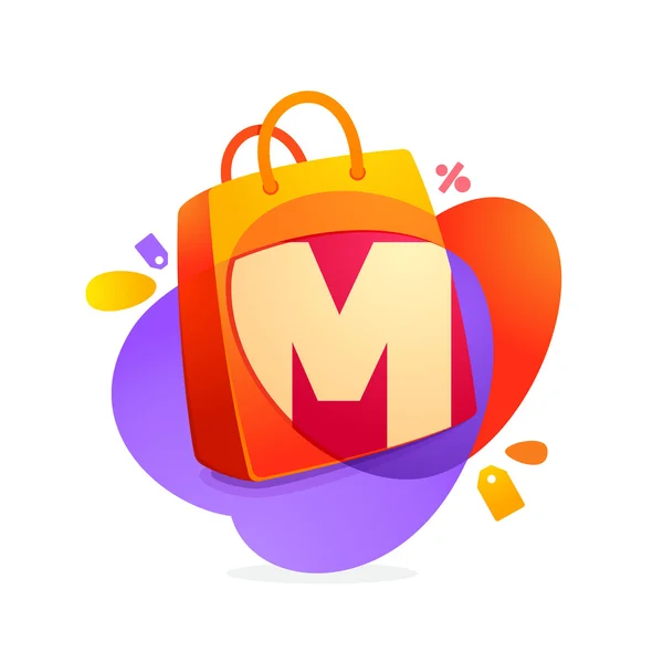 M letter with shopping bag icon and Sale tag. — Stock Vector