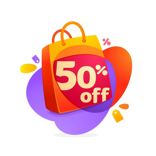 50% di vendita con icona della shopping bag e tag Vendita . — Vettoriale Stock
