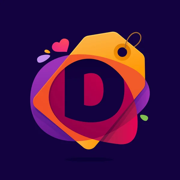 D brief logo met verkoop label hart en spatten. — Stockvector
