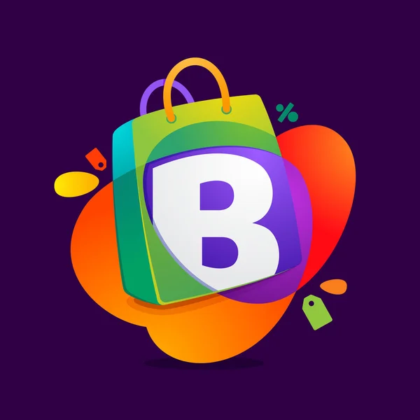 B carta con el icono de la bolsa de compras y la etiqueta Venta . — Vector de stock