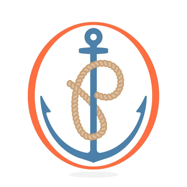 Logotipo de letra P formado por una cuerda con un ancla . — Vector de stock