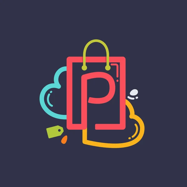 P lettre avec sac à provisions et icône de coeur . — Image vectorielle