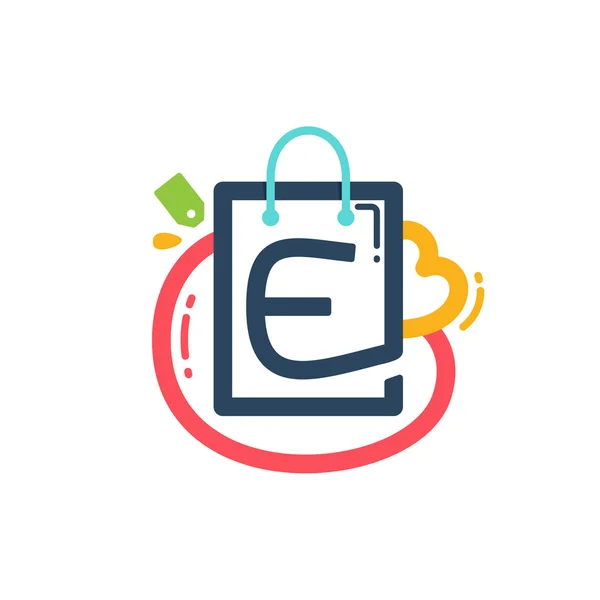E letter with shopping bag and tag icon. — Stock Vector