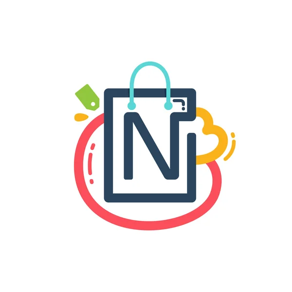N betű címke ikonját és bevásárló táska. — Stock Vector