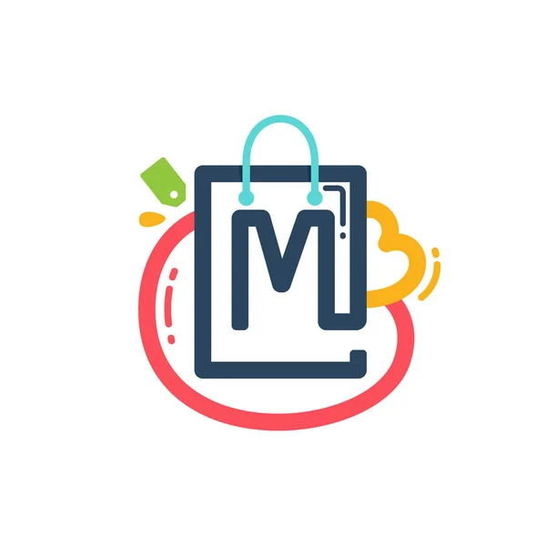 M letter with shopping bag and tag icon. — Stock Vector