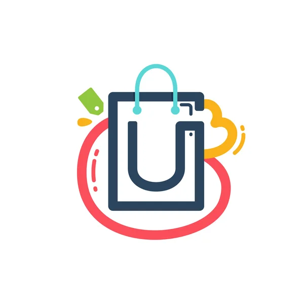U letter with shopping bag and tag icon. — Stock Vector
