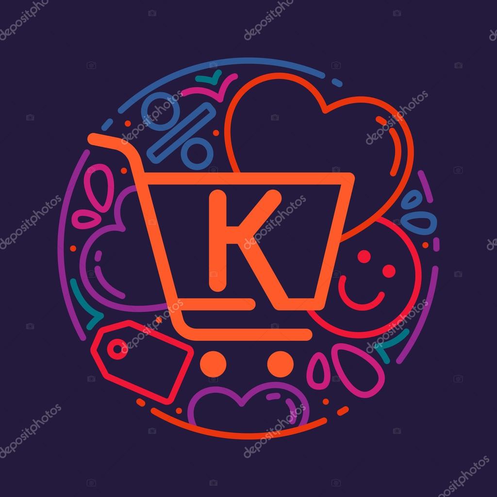 Trolley icon. Sale tag icon. Heart icon. Smile icon. Vector design element for card, corporate identity, label or poster. K letter logo with shopping cart icon, hearts and smile.