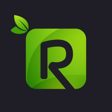 Kare ve yeşil yaprakları ile R harf logosu.
