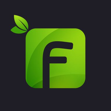 Kare ve yeşil yaprakları ile F harf logosu.