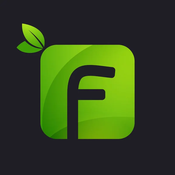 F letter logo with square and green leaves. — Stock Vector