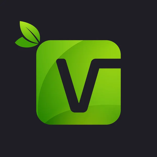V-letter logo met vierkant en groen blad. — Stockvector