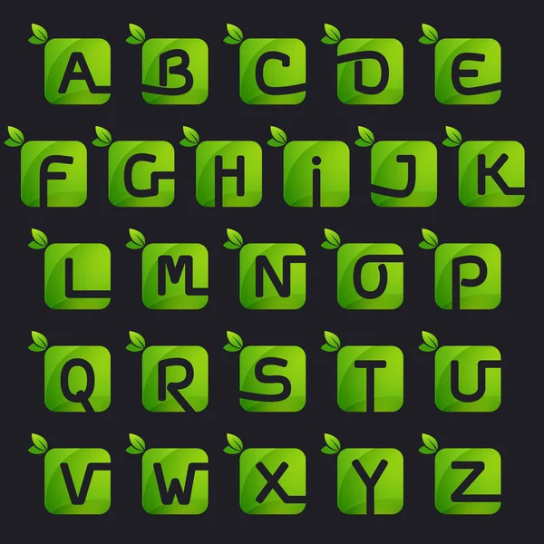 Ekologi alfabetet med kvadrat och gröna blad. — Stock vektor