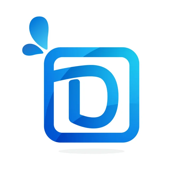 Logotipo de letra D en cuadrado con gotas azules . — Vector de stock