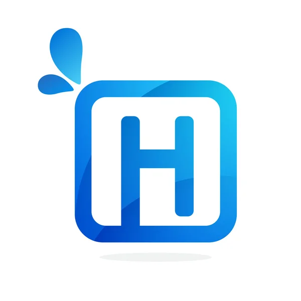 H letter logo in vierkant met blauwe druppels. — Stockvector