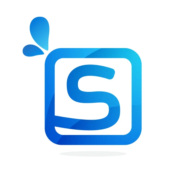 Logo lettera S in quadrato con gocce blu . — Vettoriale Stock