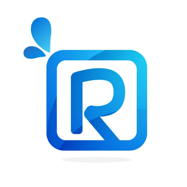 R letter logo in vierkant met blauwe druppels. — Stockvector