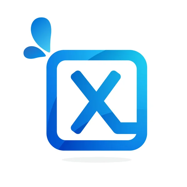 Logo X in quadratino con gocce blu . — Vettoriale Stock