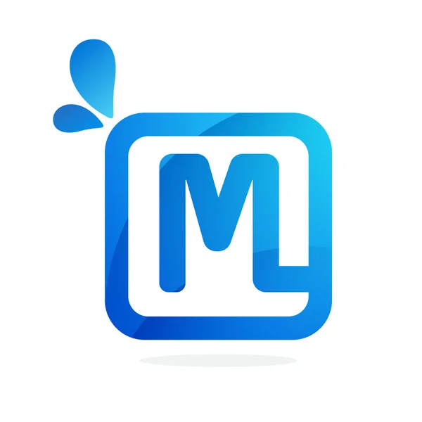 M letter logo in vierkant met blauwe druppels. — Stockvector