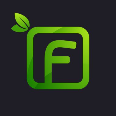 F harfi logosu kare ve yeşil yaprakları.