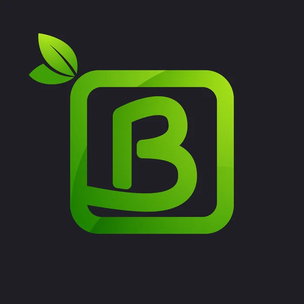 B brev logotyp i kvadrat och gröna blad. — Stock vektor
