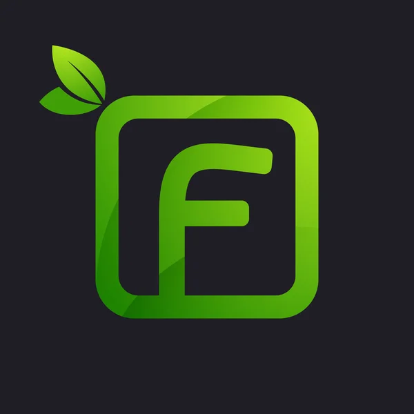 F letter logo in square and green leaves. — Stock Vector