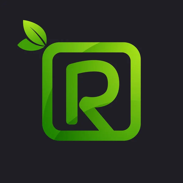 正方形と緑の葉に R の文字ロゴ. — ストックベクタ