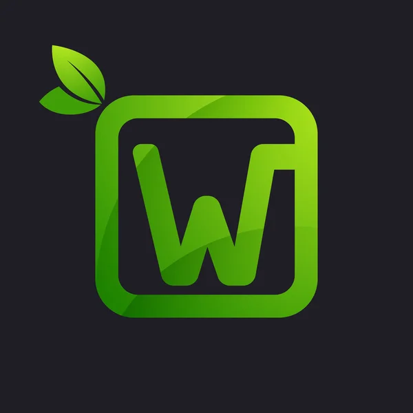 W letter logo in square and green leaves. — Stock Vector